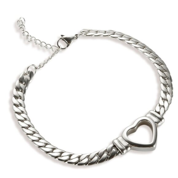 Stainless Steel Hollowed Out Heart Chunky Curb Link Chain Bracelet - Picture 1 of 2